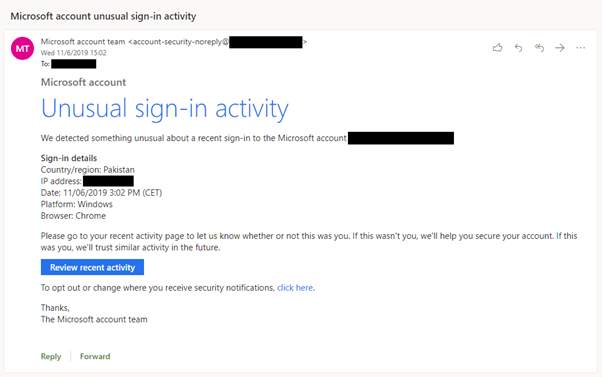 microsoft account security alert