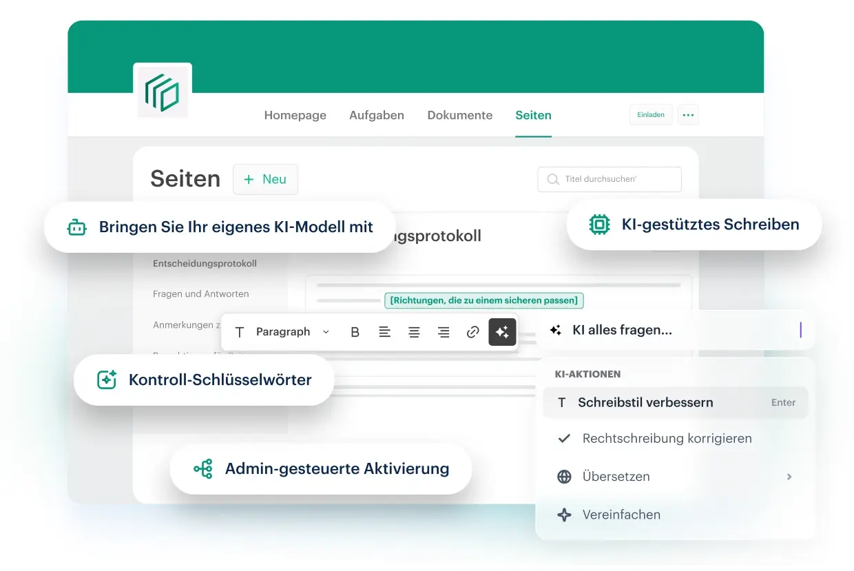 Tresorit Engage Pages mit KI-gestütztem Schreiben, geführter Assistenz, Modellauswahl und Admin-Zugriffskontrollen