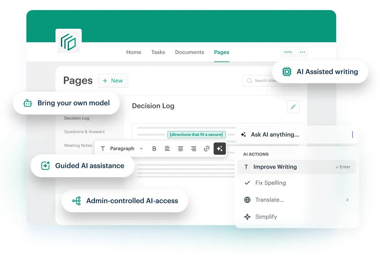 Tresorit Engage Pages with AI-assisted writing, guided assistance, model choice, and admin access controls