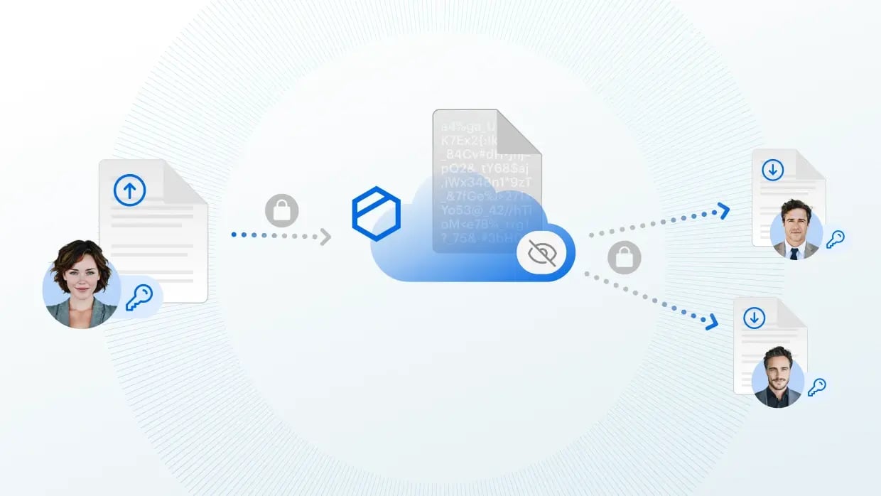 Encrypted file sharing with Tresorit through a secure cloud platform with controlled access and recipient permissions.