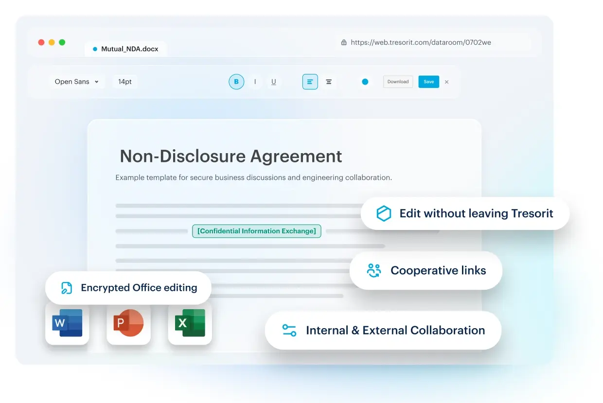 Tresorit office editor with encrypted editing, cooperative links and internal and external collaboration