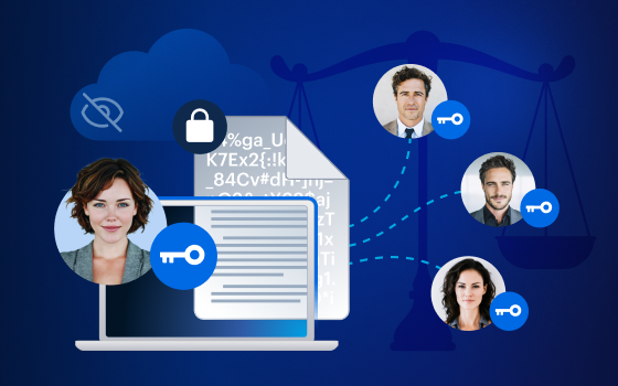 Illustration of encrypted legal document sharing, showing a secured document on a laptop, access keys for multiple authorized participants, and a legal scale in the background.
