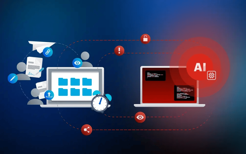 Illustration of AI-powered cyber threats targeting everyday workplace collaboration and file sharing.