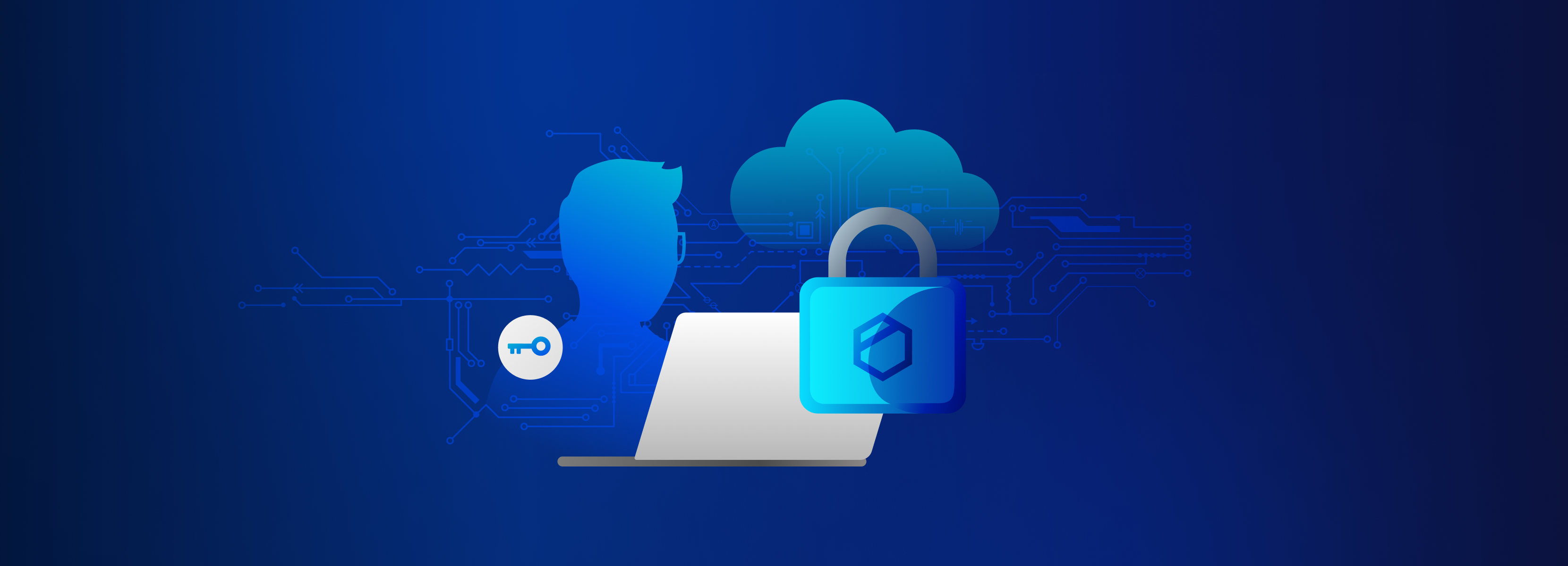 Illustration von Zugriffskontrollen für KI-Agenten mit Nutzer-, Cloud-, Ordner- und Schloss-Symbolen, die über digitale Schaltkreise verbunden sind und sicheren Datenzugriff darstellen.