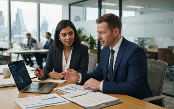 Professionals review reports and analytics during a client consultation in a professional services office.