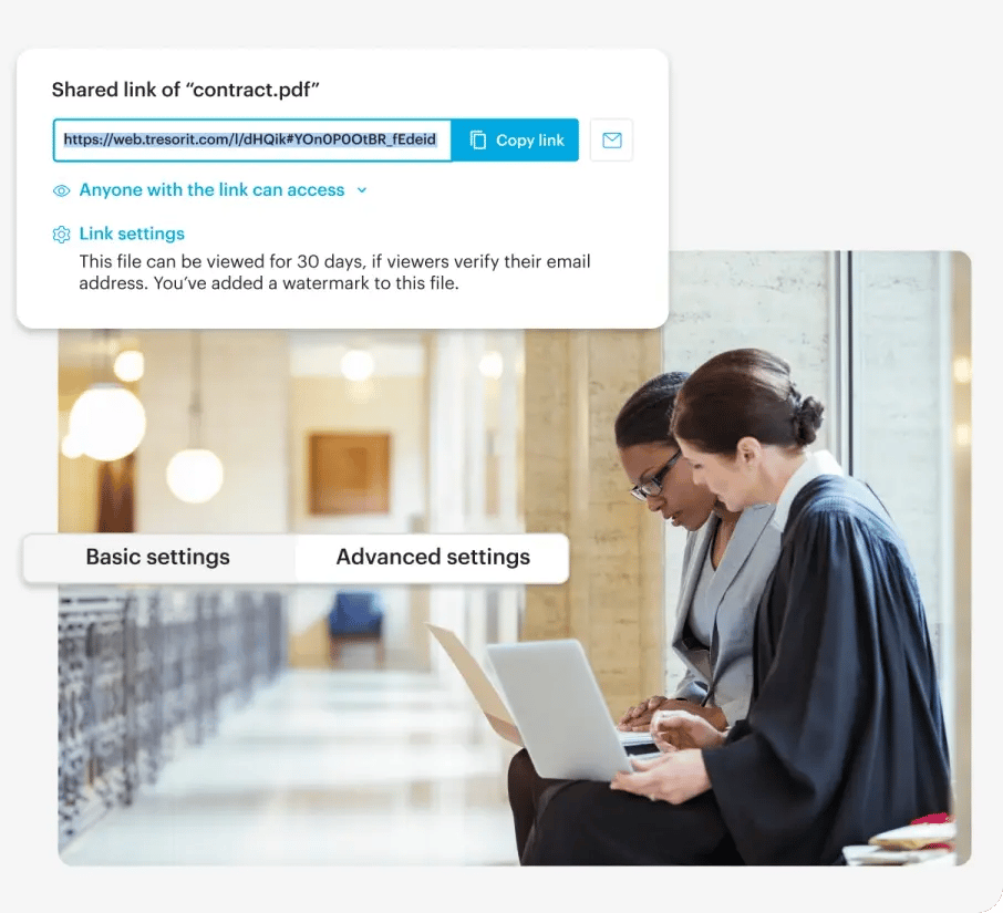 Tresorit File Sharing window showing secure contract link settings and access controls.