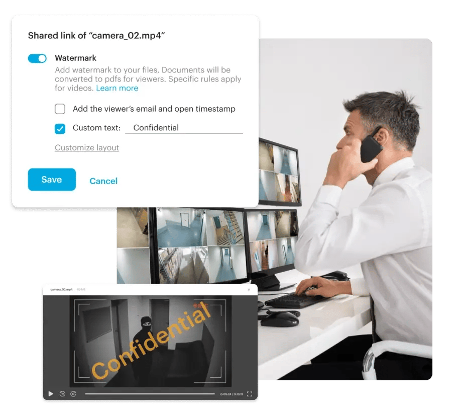Tresorit File Sharing watermark settings protecting shared confidential video files.