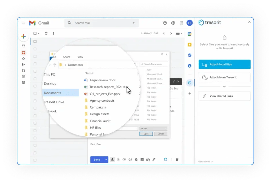The screen shows what Tresorit SecureCloud looks like when it is integrated with Gmail