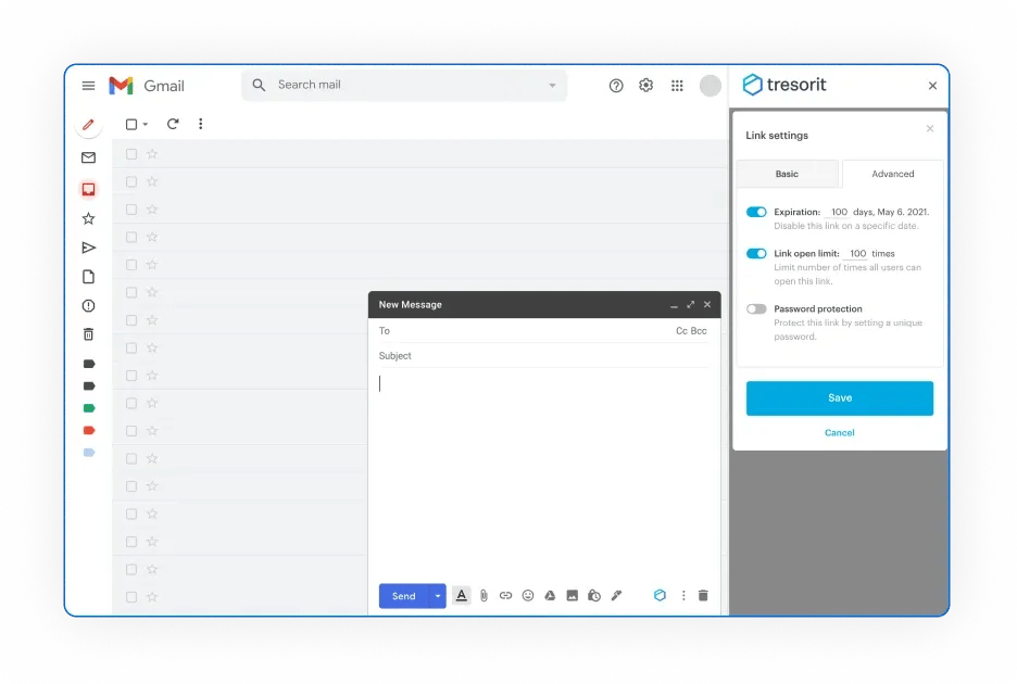 The screenshot shows how Tresorit looks like if it is integrated to Gmail - GMail and Tresorit the perfect Match