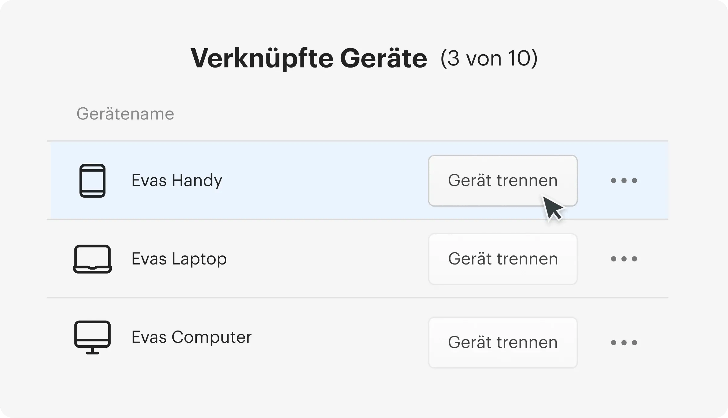 Dieses Bild zeigt eine Liste von verknüpften Geräte in der Tresorit App