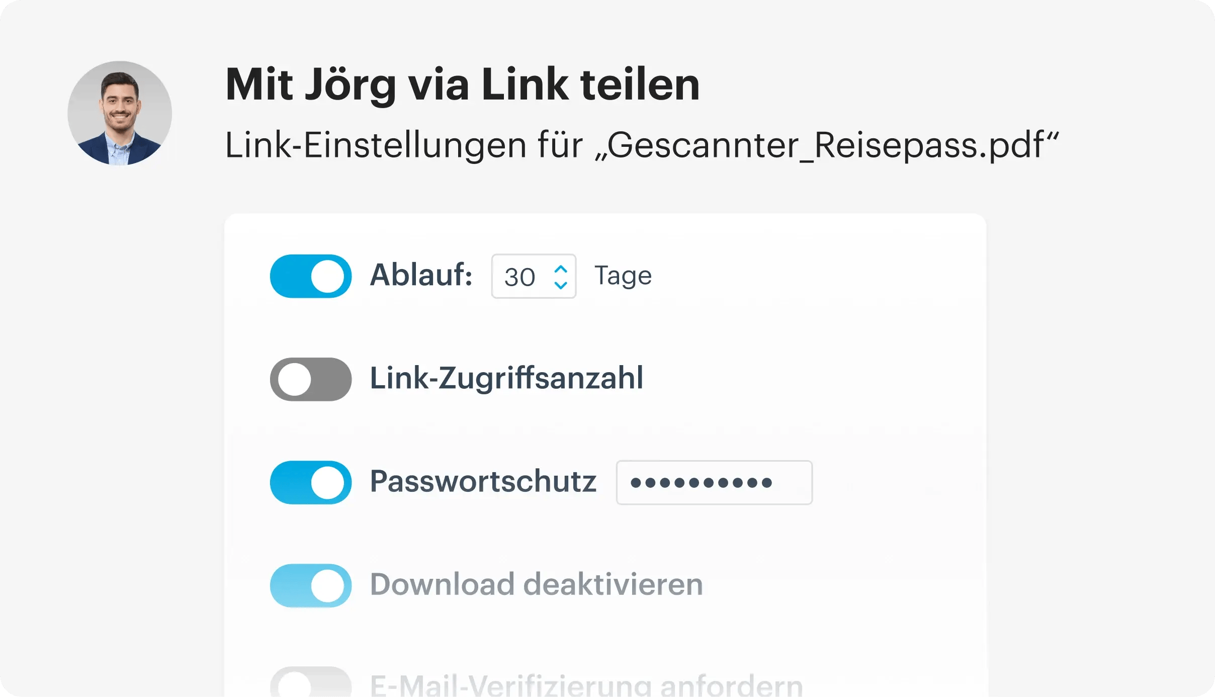 Dieses Bild zeigt wie einfach man Links teilen kann mit Tresorit und so Zugriff auf private Daten und Dokumente gewährleisten kann. 