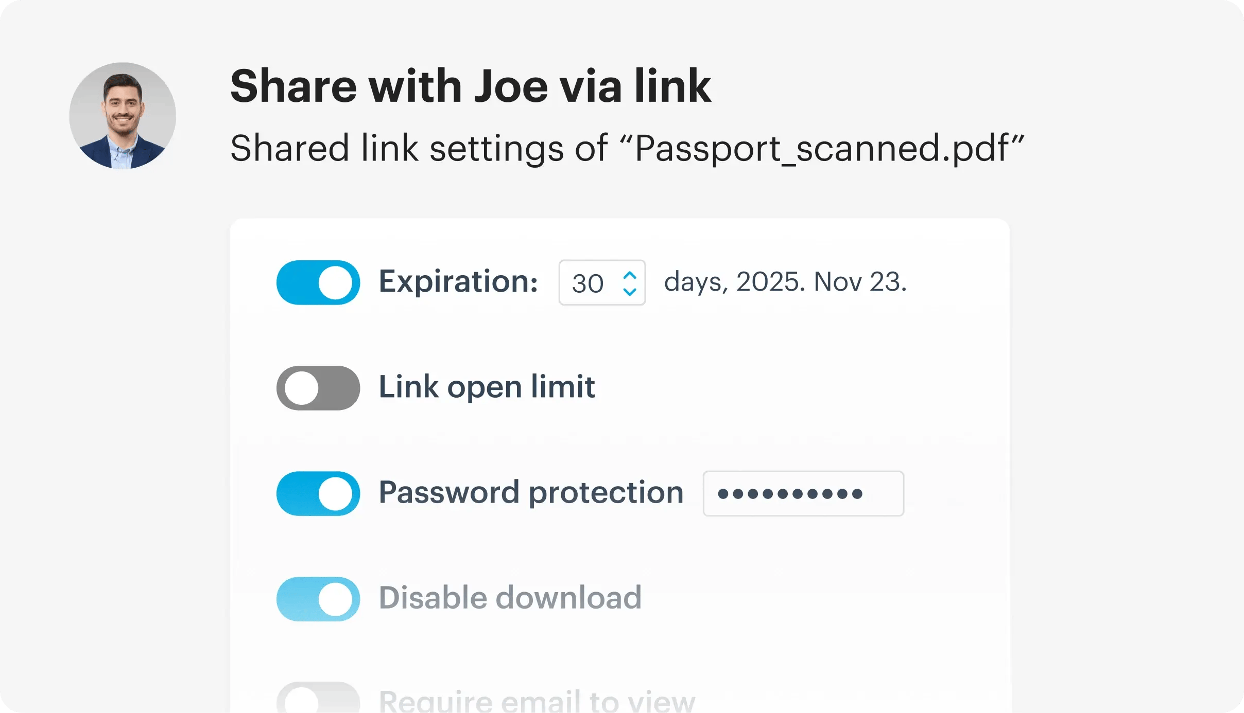 Screen shows how easy it is to share a private link with Tresorit