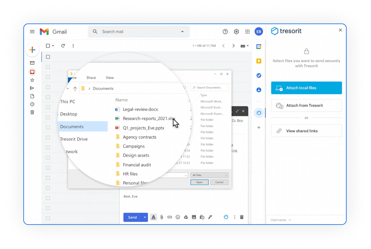 The Screen shows how Tresorit SecureCloud looks like if it is integrated to Gmail  