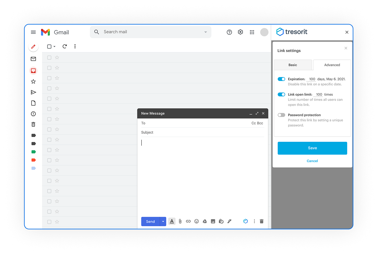 The screenshot shows how Tresorit looks like if it is integrated to Gmail - GMail and Tresorit the perfect Match 
