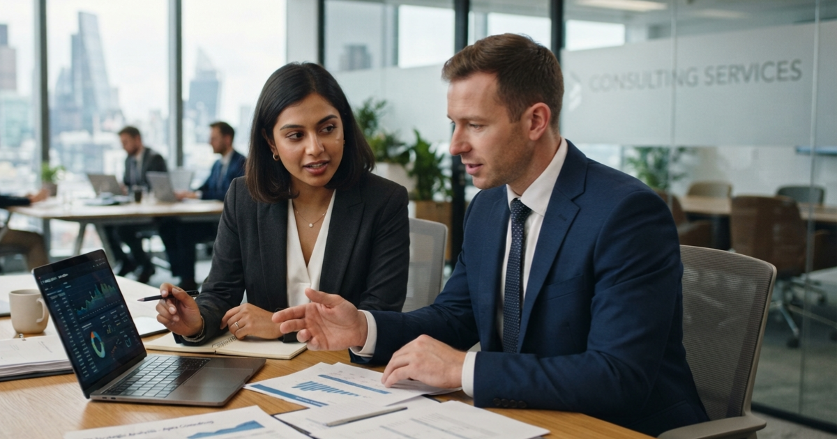 Business professionals review documents and analytics during a discussion on AI-assisted workflows.